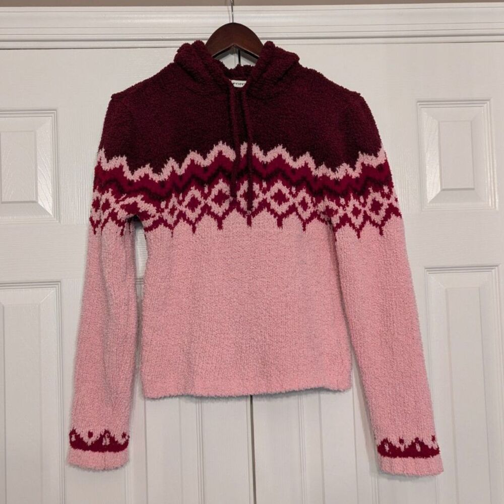 Y2K Energie Fair Isle Fuzzy Fleece Hooded Sweater Pink Burgundy Juniors Size M
